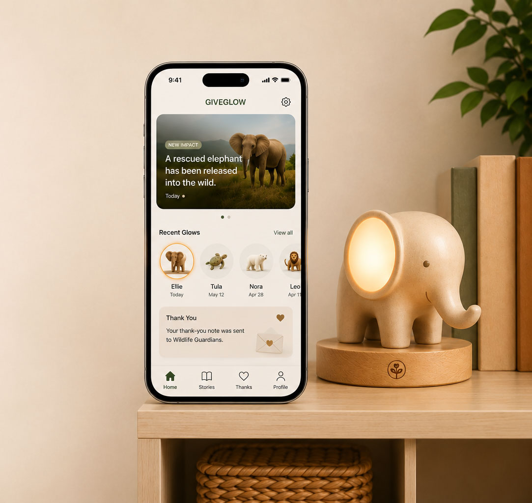 The GiveGlow app displaying a new wildlife impact beside the glowing Guardian Elephant