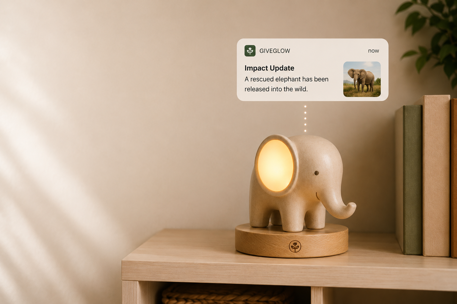 A GiveGlow impact notification appearing above the glowing Guardian Elephant